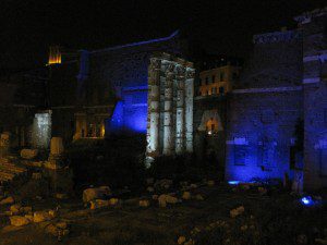 The remains of the ancient Forum Site at night