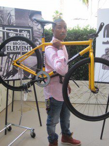 Pharrell with one of the bikes from the Brooklyn Element Collection 