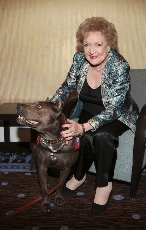 Elle (L) and actress Betty White (R) sharing a smile during the American Humane Association Hero Dog Awards 2013 held at the Beverly Hilton Hotel on Saturday, Oct. 5, 2013, in Beverly Hills, California. 